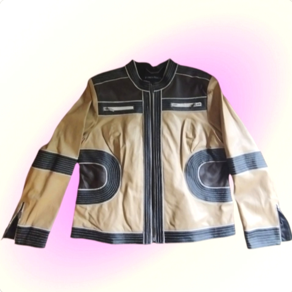 Pamela McCoy color block leather moto jacket - Picture 2 of 11
